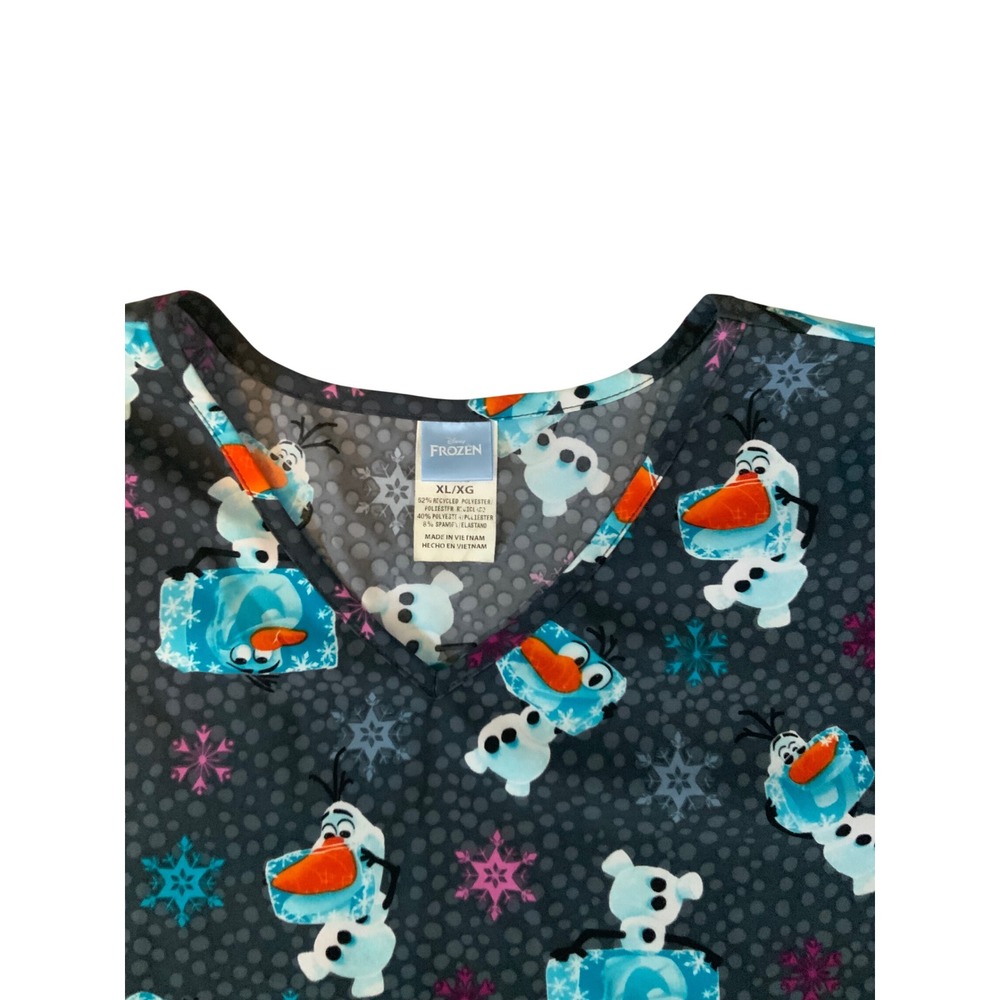 Disney Frozen Olaf Scrub Top Womens XL Grey V-Neck Medical Uniform Snowflakes - Picture 3 of 3